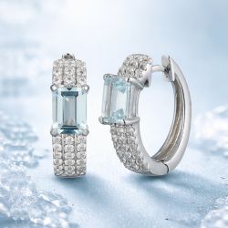 Emerald & Round Cut Aquamarine & White Sapphire Hoop Earrings