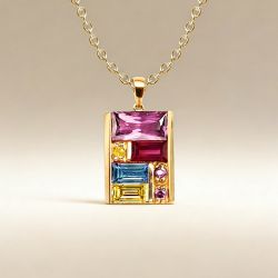 Golden Baguette Cut Pink & Yellow & Blue & Ruby Sapphire Pendant Necklace