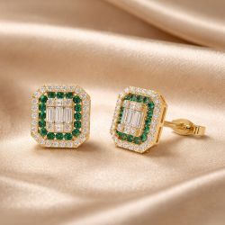 Golden Halo Baguette & Round Cut White & Emerald Sapphire Stud Earrings