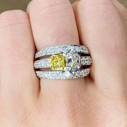 Triple Row Princess Cut Yellow & White Sapphire Engagement Ring