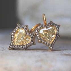 Two Tone Halo Heart Cut Yellow & White Sapphire Drop Earrings