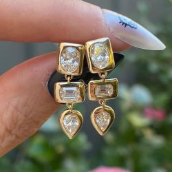 Golden Bezel Oval & Emerald & Pear Cut White Sapphire Drop Earrings