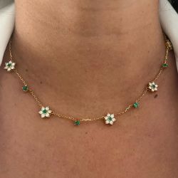 Golden Flower Round Cut Emerald & White Sapphire Tennis Necklace