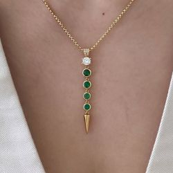 Golden Bezel Round Cut Emerald & White Sapphire Pendant Necklace