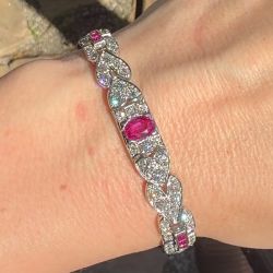 Oval & Baguette Cut Ruby & White Sapphire Tennis Bracelet