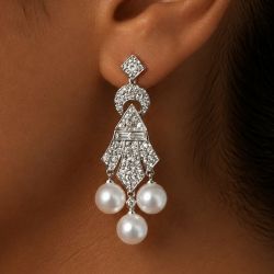 Round & Baguette Cut Pearl & White Sapphire Drop Earrings