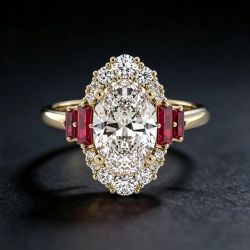 Golden Halo Oval & Baguette Cut White & Ruby Sapphire Engagement Ring