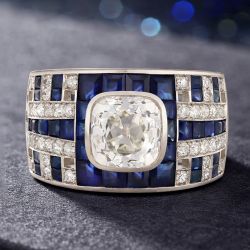 Halo Bezel Cushion & Baguette Cut White & Blue Sapphire Engagement Ring