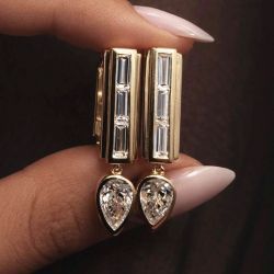 Golden Pear & Baguette Cut White Sapphire Drop Earrings