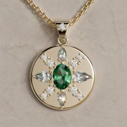 Golden Coin Design Oval & Pear Cut Emerald & White Sapphire Pendant Necklace