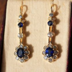 Golden Halo Oval & Round Cut Blue & White Sapphire Drop Earrings