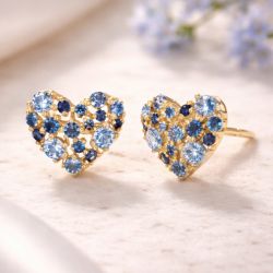Heart Shape Round Cut Blue & Aquamarine Sapphire Stud Earrings