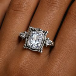 Bezel Cushion & Round Cut White Sapphire Engagement Ring