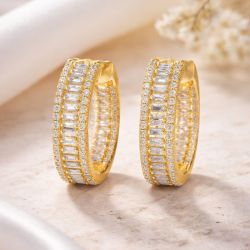 Triple Row Baguette & Round Cut White Sapphire Hoop Earrings