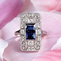 Milgrain Emerald & Round Cut Blue & White Sapphire Engagement Ring