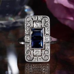 Milgrain Emerald & Round Cut Blue & White Sapphire Engagement Ring