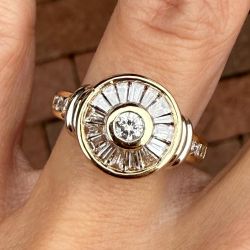 Golden Halo Bezel Round & Baguette Cut White Sapphire Engagement Ring