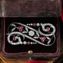 Swirl Design Round Cut White & Ruby Sapphire Brooch Pin