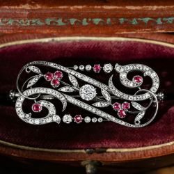 Swirl Design Round Cut White & Ruby Sapphire Brooch Pin