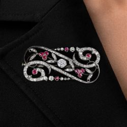 Swirl Design Round Cut White & Ruby Sapphire Brooch Pin
