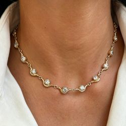 Golden Wave Design Round Cut White Sapphire Tennis Necklace
