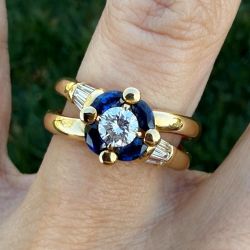 Golden Split Shank Round & Marquise Cut White & Blue Sapphire Engagement Ring