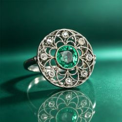 Open Work Round Cut Emerald & White Sapphire Engagement Ring