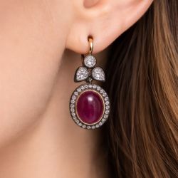 Two Tone Halo Oval Cabochon & Round Cut Ruby & White Sapphire Drop Earrings