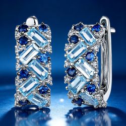 Baguette & Round Cut Aquamarine & Blue Sapphire Hoop Earrings