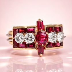Two Tone Ruby & White Sapphire Cushion & Baguette Cut Engagement Ring