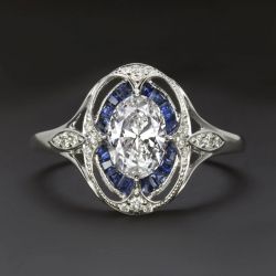 Halo Oval & Baguette Cut White & Blue Sapphire Engagement Ring