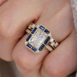 Halo Radiant & Baguette Cut White & Blue Sapphire Engagement Ring Sets