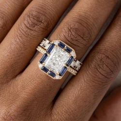 Halo Radiant & Baguette Cut White & Blue Sapphire Engagement Ring Sets