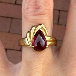 Golden Solitaire Pear Cabochon Cut Ruby Sapphire Engagement Ring