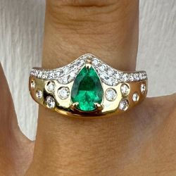 Golden Pear & Round Cut Emerald & White Sapphire Engagement Ring