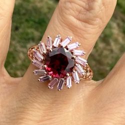 Rose Gold Sunburst Design Round & Baguette Cut Ruby & Pink Sapphire Engagement Ring