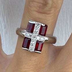 Cross Design Round & Baguette Cut White & Ruby Sapphire Engagement Ring