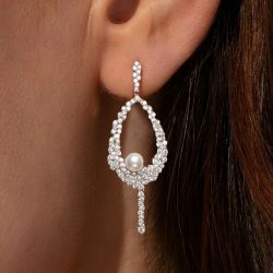 Pave Setting Round Cut Pearl & White Sapphire Drop Earrings