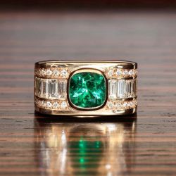 Golden Bezel Cushion & Baguette Cut Emerald & White Sapphire Engagement Ring