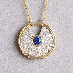 Two Tone Pave Setting Round Cut Blue & White Sapphire Pendant Necklace