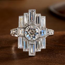 Bezel Round & Baguette Cut White Sapphire Engagement Ring