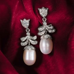 Floral Oval & Round Cut White Sapphire & Pearl Drop Earrings