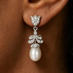 Floral Oval & Round Cut White Sapphire & Pearl Drop Earrings