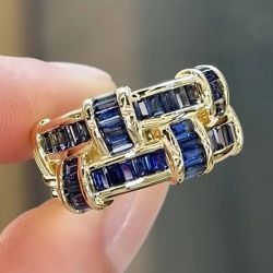 Golden Baguette Cut Blue Sapphire Half Eternity Wedding Band Ring