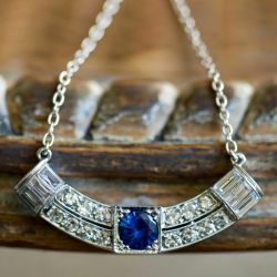 Curved Bar Round & Baguette Cut Blue & White Sapphire Pendant Necklace