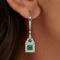 Halo Asscher & Round Cut Emerald & White Sapphire Drop Earrings