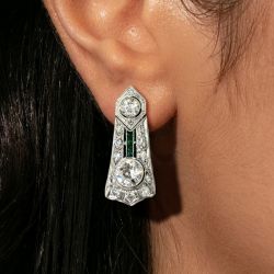 Milgrain Round & Baguette Cut White & Emerald Sapphire Drop Earrings