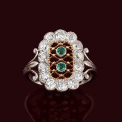 Two Tone Halo Round Cut Emerald & White Sapphire Engagement Ring