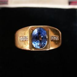 Golden Bezel Oval & Round Cut Blue & White Sapphire Engagement Ring