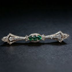 Golden Round Cabochon Cut Emerald & White Sapphire Brooch Pin
